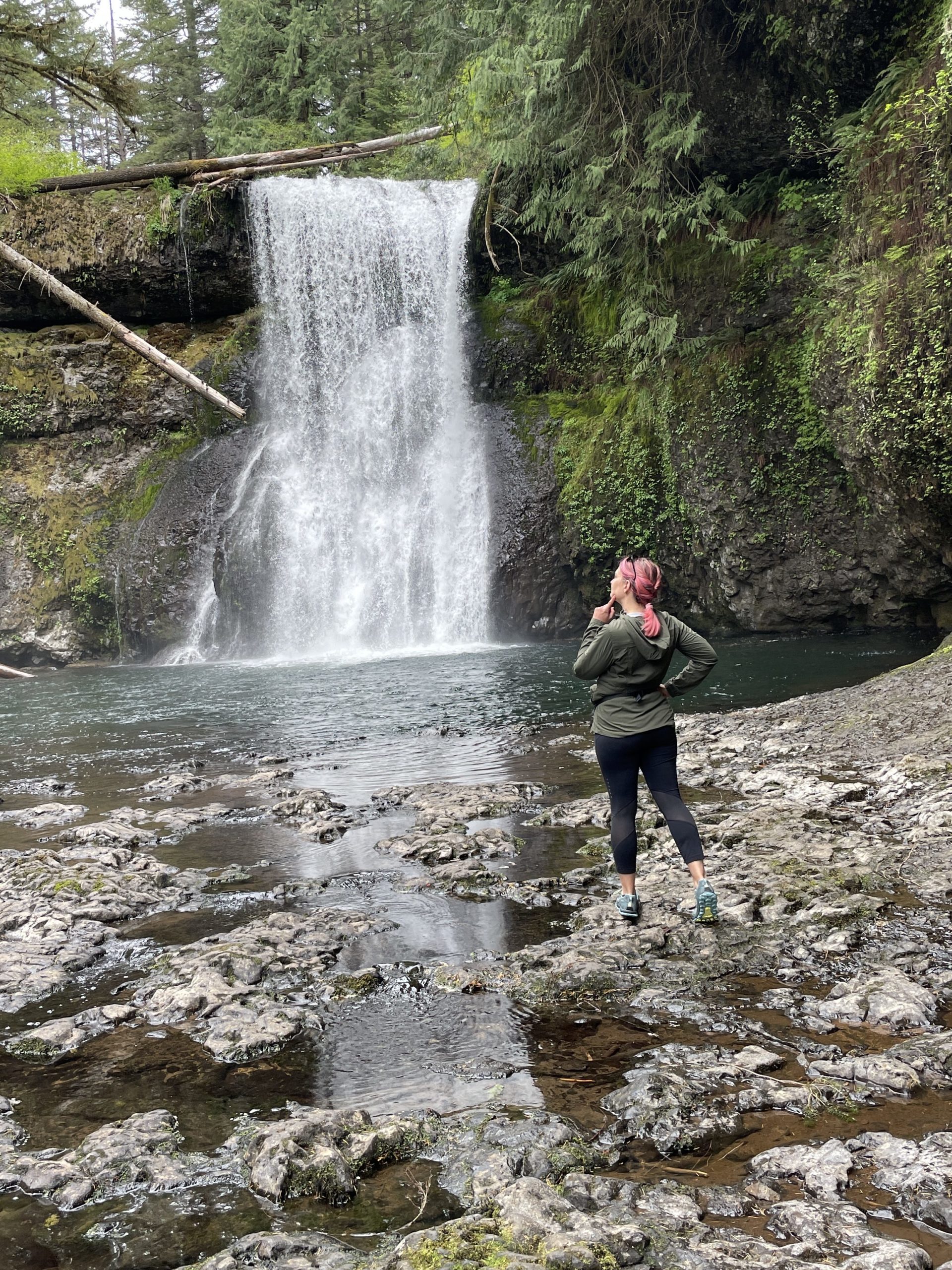 girl with pink hair in front of a waterfall