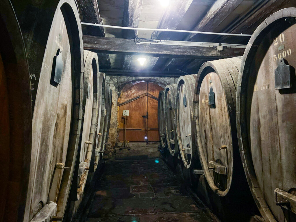 Ten large wooden casks that are as tall as a person stand in a cellar, light by only a few lightbulbs. The floor looks wet.