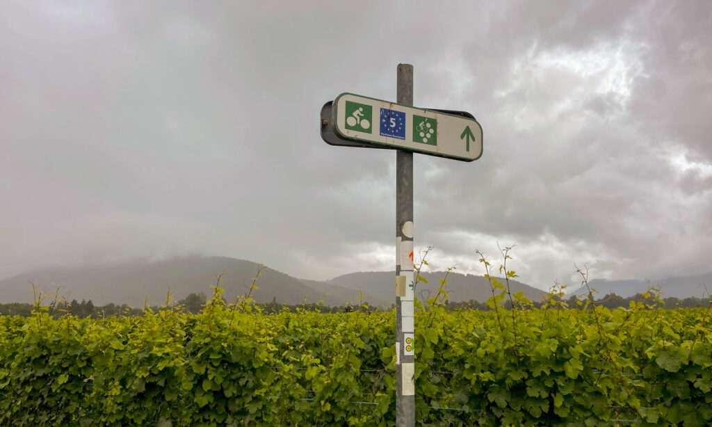 A road sign marking the Eurovelo 5 cycling route and the Alsace Wine Route, set against a rural backdrop.